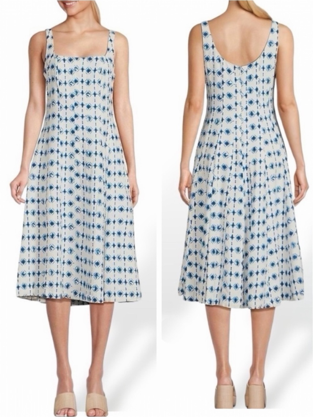 Christian Lacroix Geometric Linen Blend Square Neck Fit and Flare Midi Dress NEW